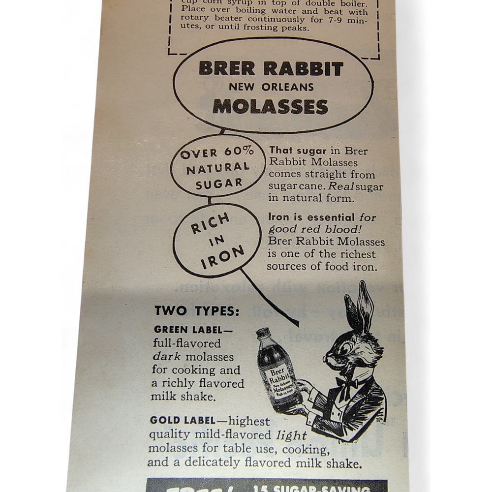 1946 Brer Rabbit‎ Molasses Recipe Ad Save Sugar Devils Food Cake Recipe